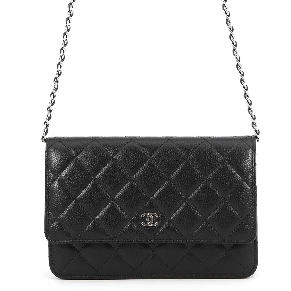 Chanel Chain Wallet Classic Quilted CC Logo Caviar Leather Black