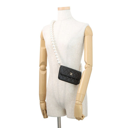 Chanel Pearl Chain Shoulder Bag CC Logo Quilted Faux Pouch Black — view 4