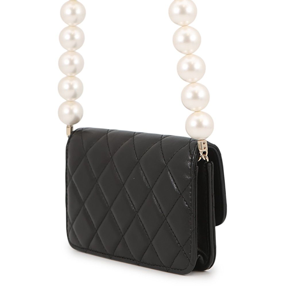 Chanel Pearl Chain Shoulder Bag CC Logo Quilted Faux Pouch Black — view 2