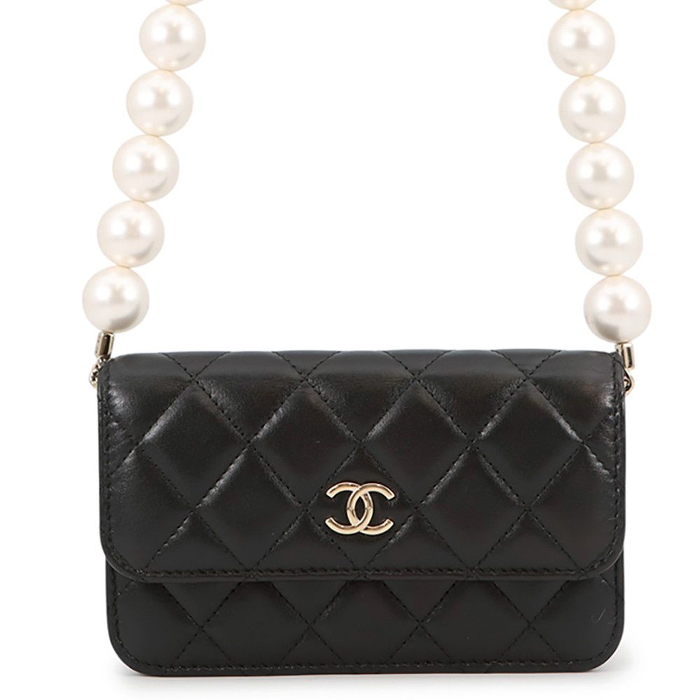 Chanel Pearl Chain Shoulder Bag CC Logo Quilted Faux Pouch Black