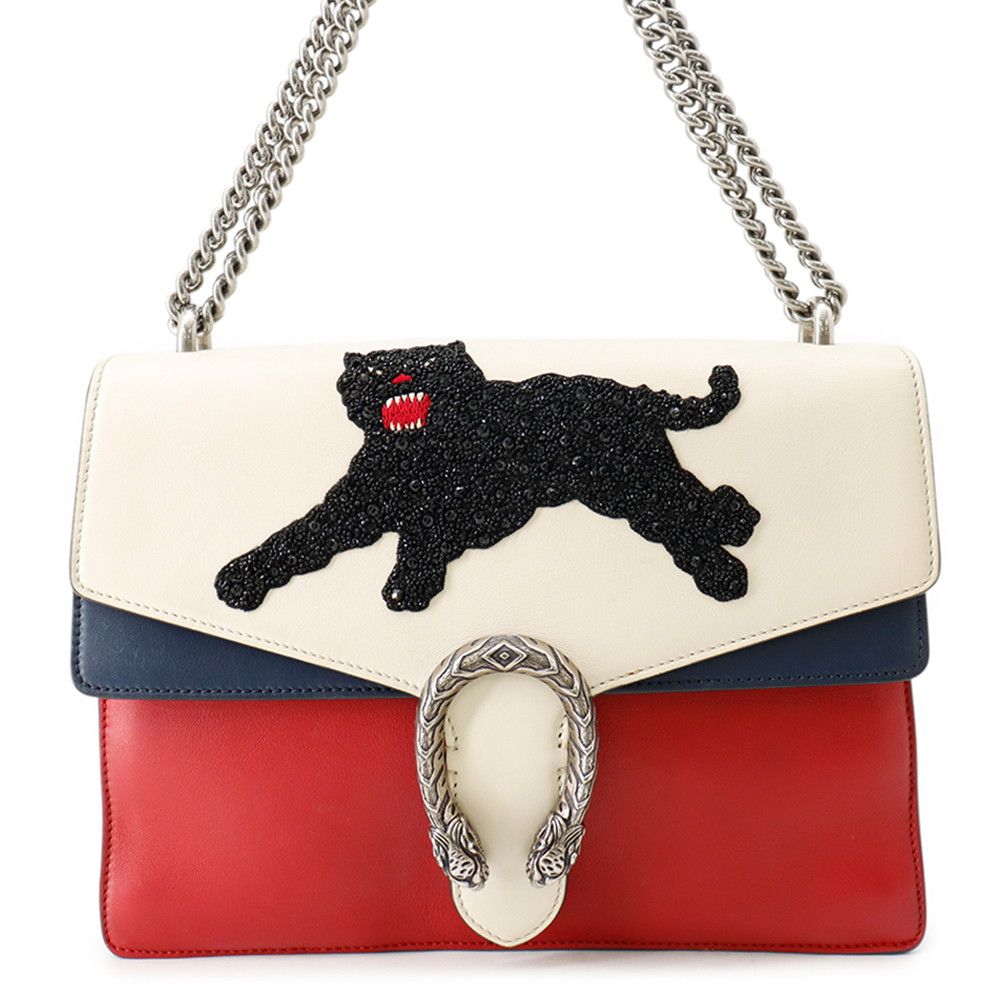 Gucci Chain Shoulder Bag Duonysus Panthere Beaded Embroidery Leather