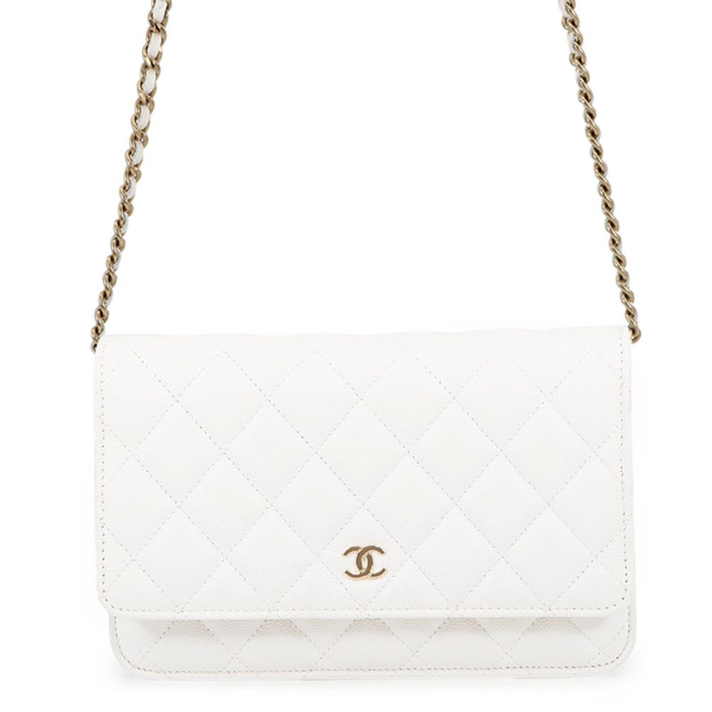 Chanel Chain Wallet Classic Quilted CC Logo Caviar Leather White
