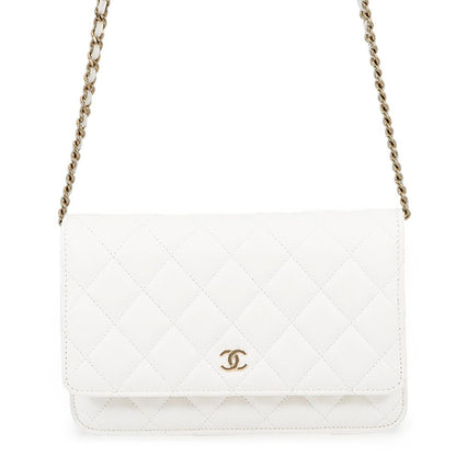 Chanel Chain Wallet Classic Quilted CC Logo Caviar Leather White