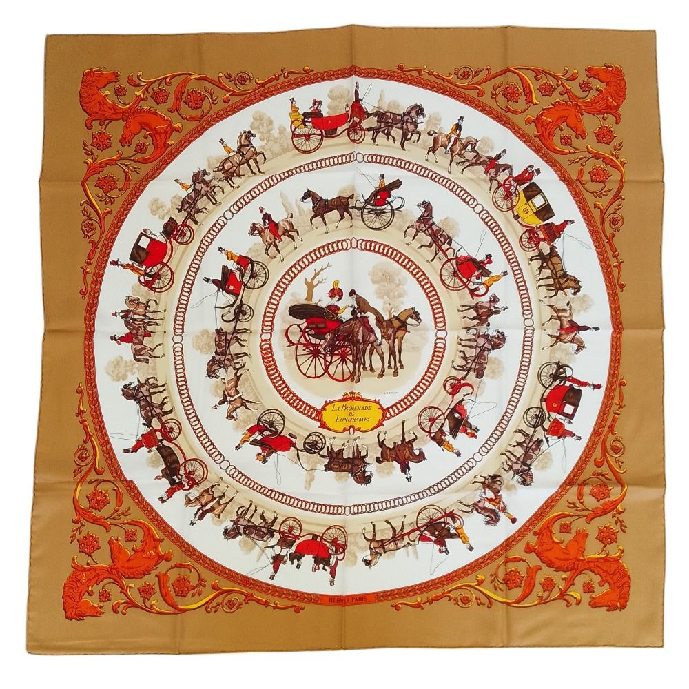 Hermes Carre 90 la Promenade de Longchamps Walk to Long Chien Scarf Silk Brown