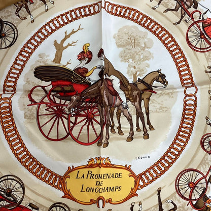 Hermes Carre 90 la Promenade de Longchamps Walk to Long Chien Scarf Silk Brown — view 3