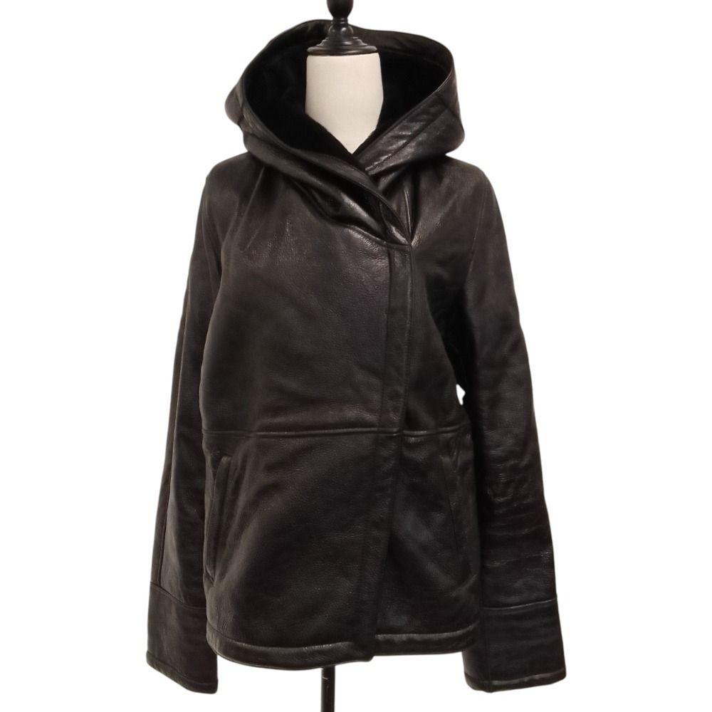 Max Mara Lambskin Hoodie Shearling Jacket 40 Black