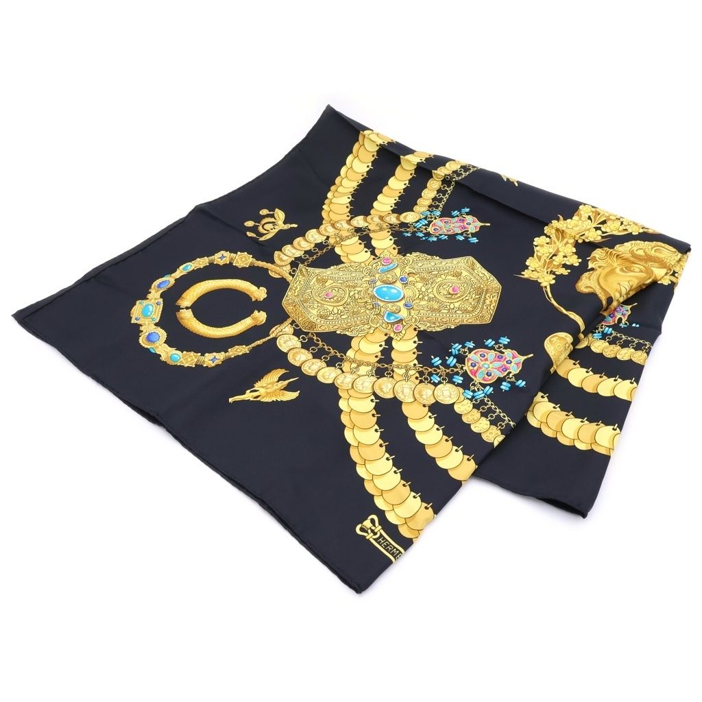 Hermes Carre 90 Kosmima Gold Black Silk Scarf
