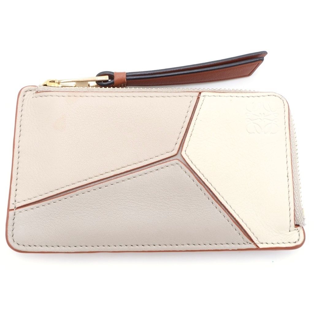 Loewe Puzzle Coin Card Case Ivory Brown Leather Gold