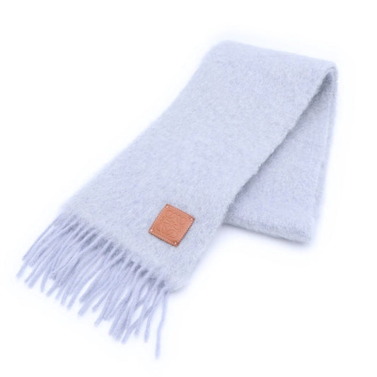 Loewe Anagram Logo Leather Patch Mohair Fringe Scarf Gray