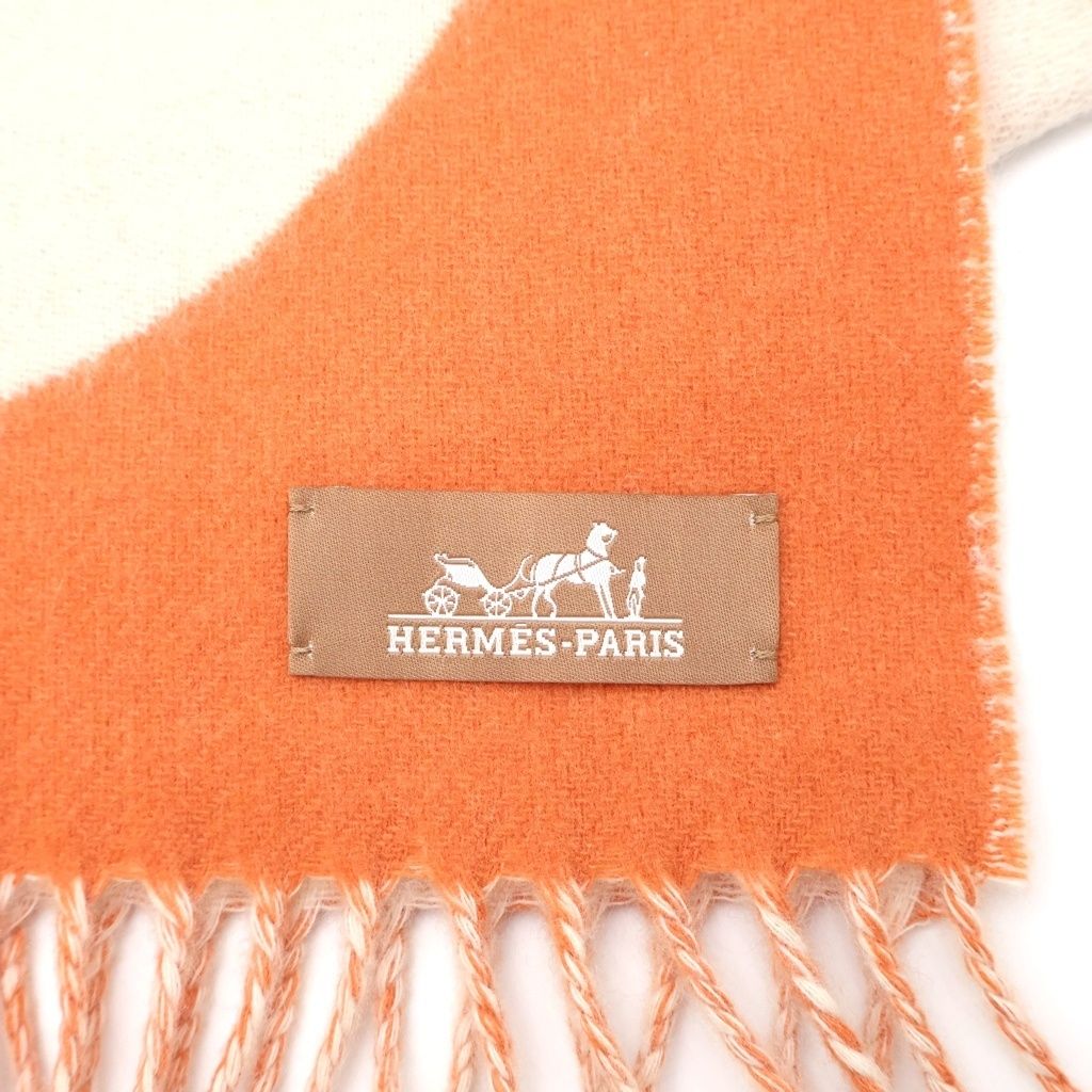 Hermes Grand Mall Cashmere Fringe Scarf Orange Beige — view 5