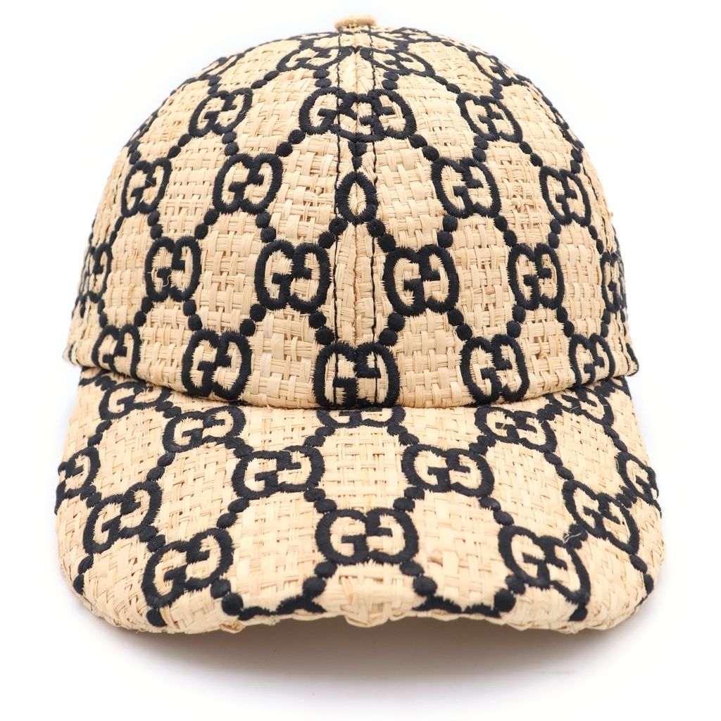 Gucci GG Raffia Baseball Cap Straw Cap Hat Ivory Black — view 4