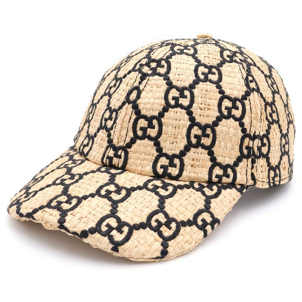 Gucci GG Raffia Baseball Cap Straw Cap Hat Ivory Black