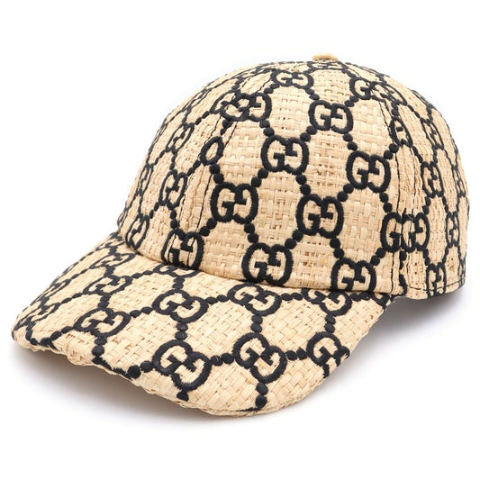 Gucci GG Raffia Baseball Cap Straw Cap Hat Ivory Black