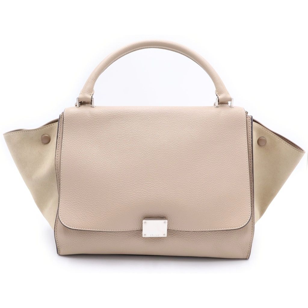 Celine 2-Way Shoulder Bag Beige Leather Suede Silver