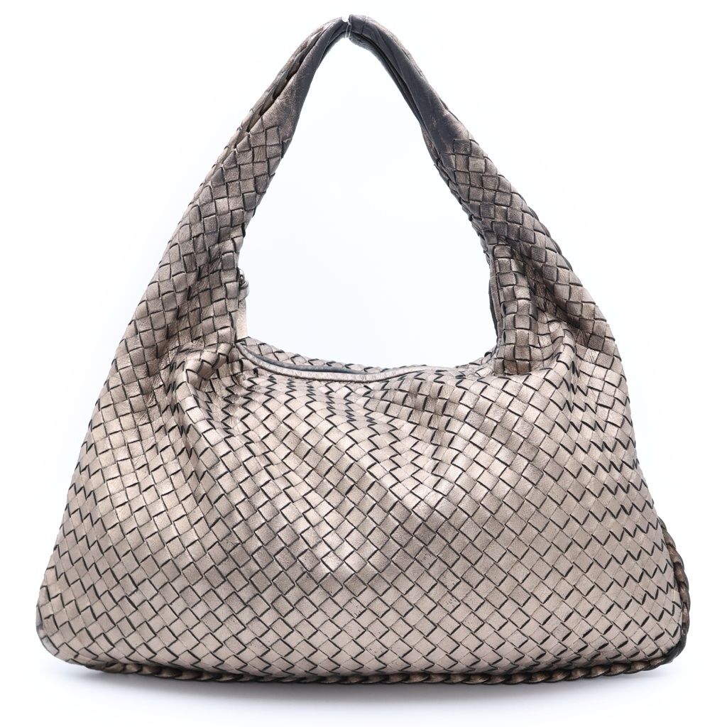 Bottega Veneta Intrecciato Shoulder Bag Tote Metallic Gold Black Leather Silver
