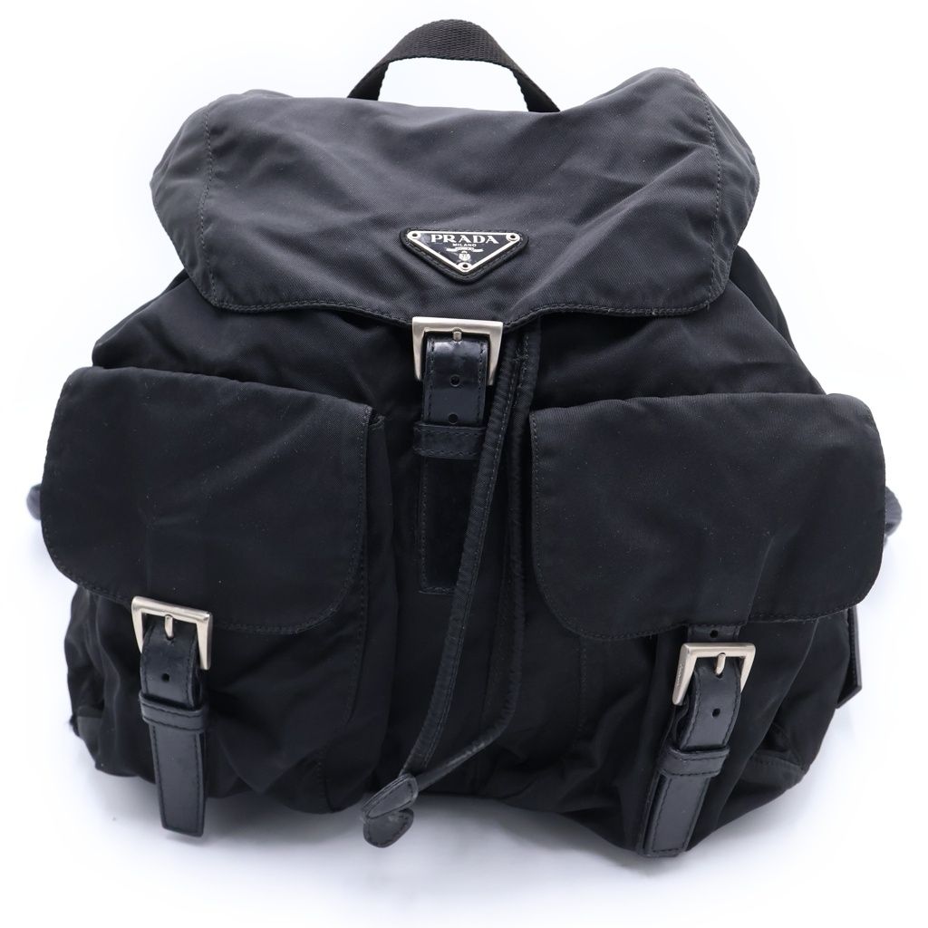 Prada Logo Triangle Plate Tessuto Backpack Black Nylon Silver