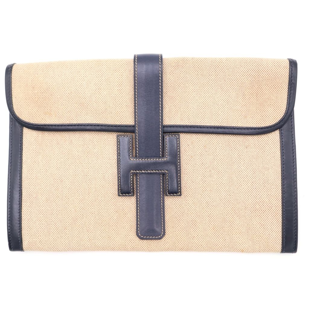Hermes Jije Clutch Pouch Case Navy Ivory Leather Canvas
