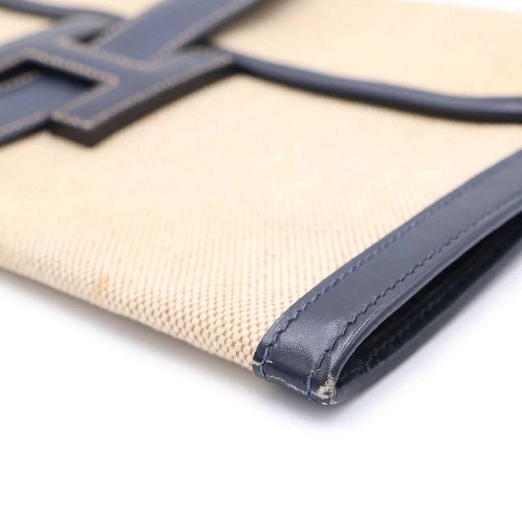 Hermes Jije Clutch Pouch Case Navy Ivory Leather Canvas — view 5