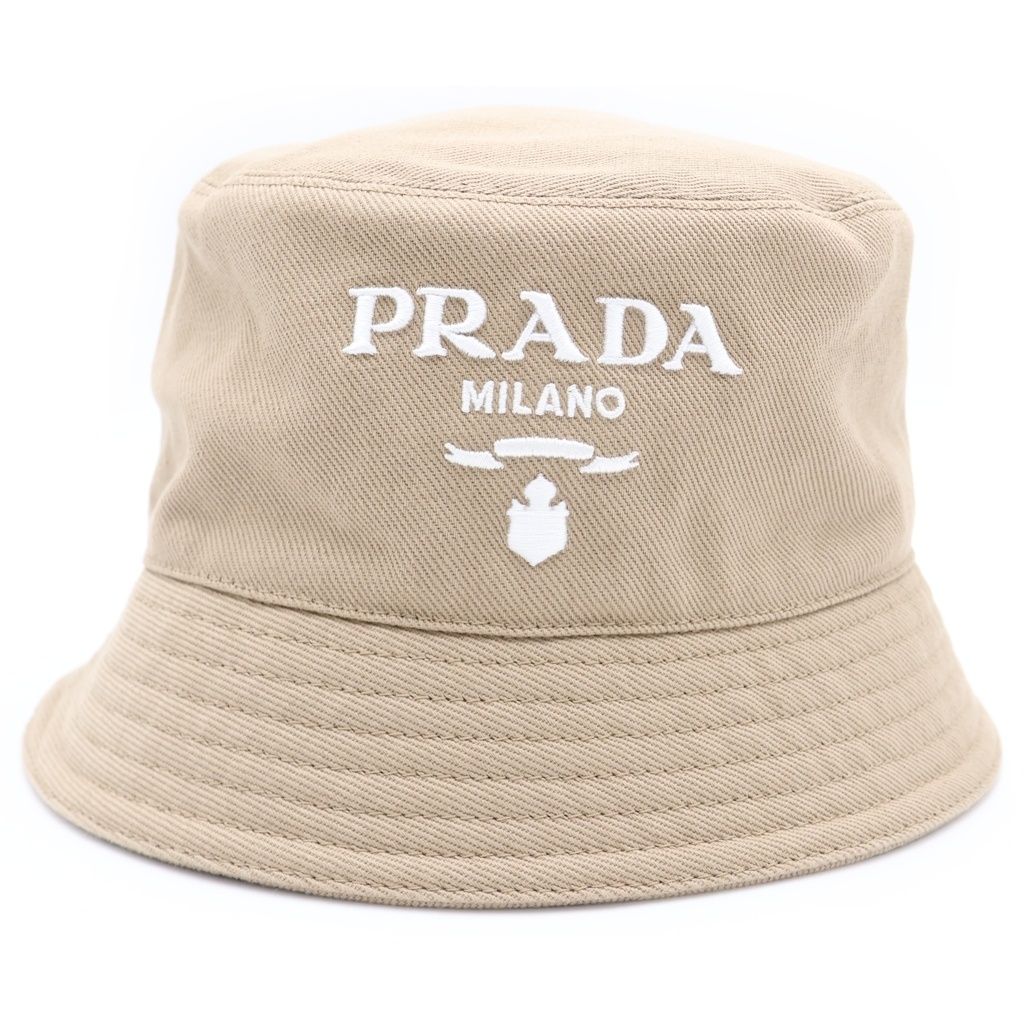 Prada Logo Embroidery Drill Bucket Hat Beige — view 4