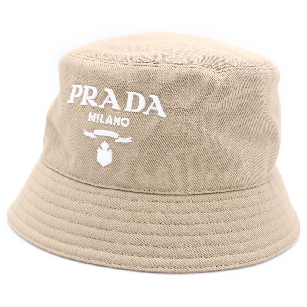 Prada Logo Embroidery Drill Bucket Hat Beige