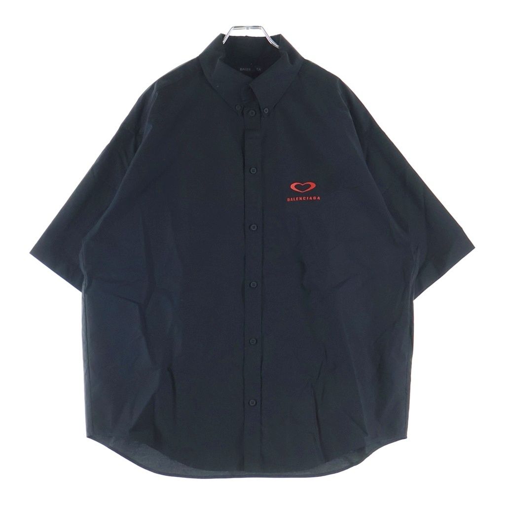 Balenciaga Heart Logo Button Down Jacket Short Sleeve Shirt Black
