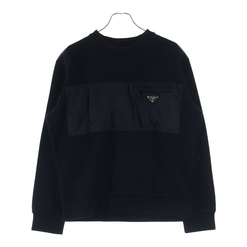 Prada Sweatshirt Nylon Trim Triangle Logo Crew Neck Black