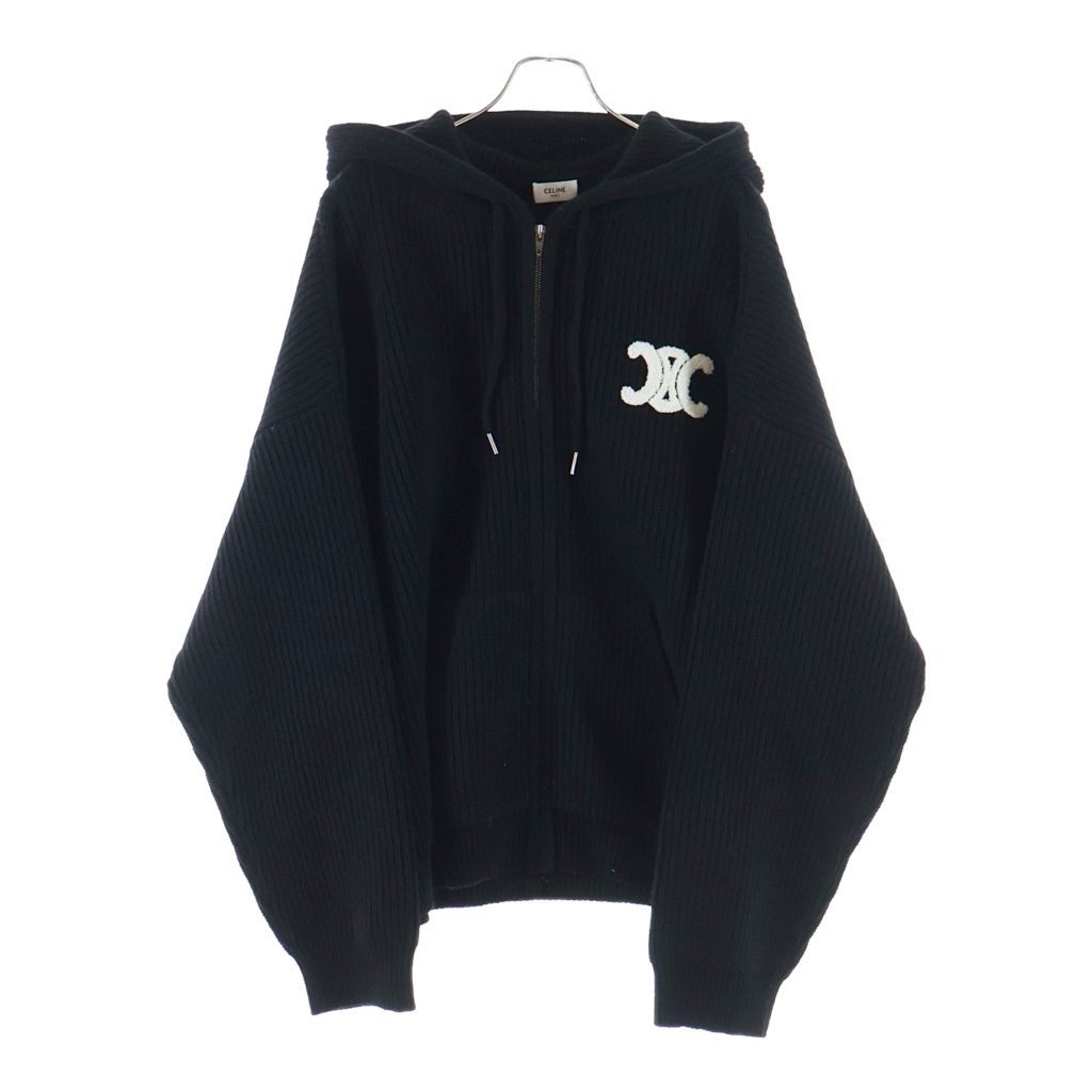 Celine Triomphe Zip Up Knit Hoodie Trio Black