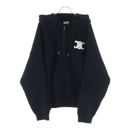 Celine Triomphe Zip Up Knit Hoodie Trio Black