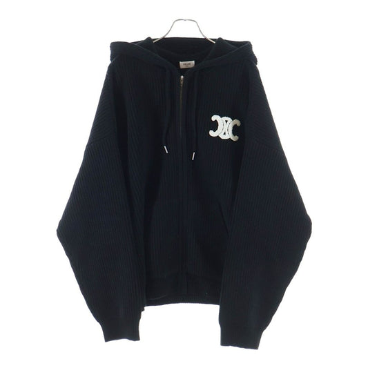 Celine Triomphe Zip Up Knit Hoodie Trio Black