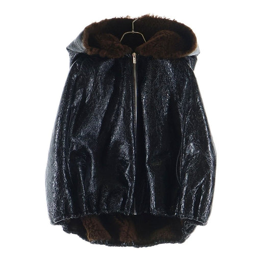 Miu Miu Sheepskin Hoodie Lining Fleece Zip Up Jacket Poncho Black