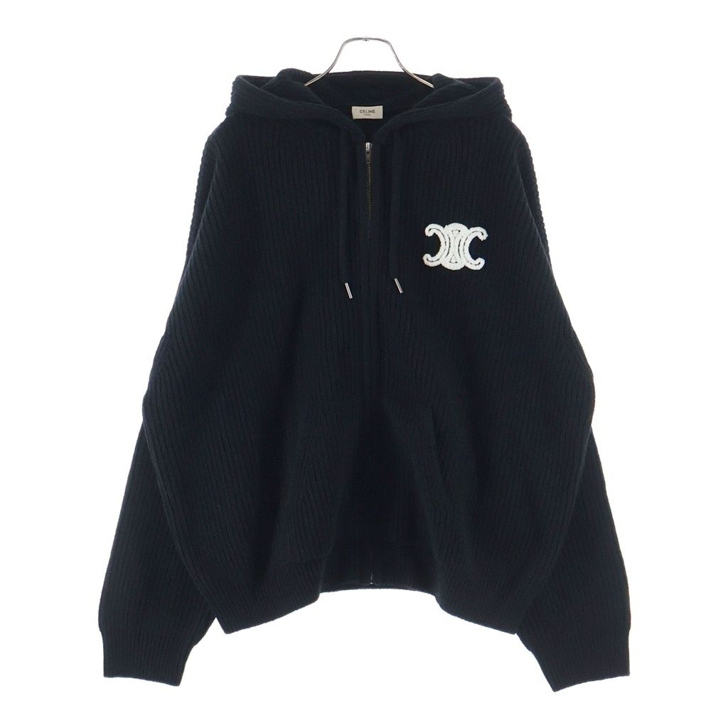 Celine Logo Patch Hoodie Zip Up Knit Black