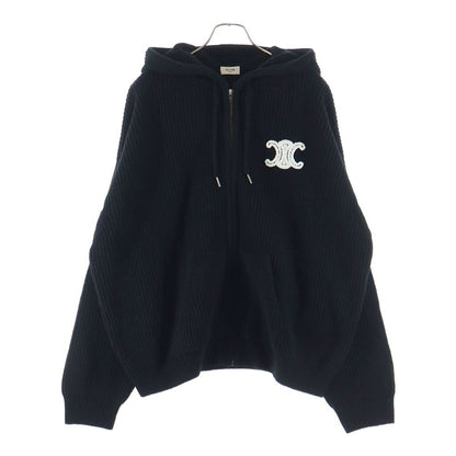 Celine Logo Patch Hoodie Zip Up Knit Black