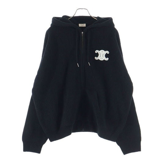 Celine Logo Patch Hoodie Zip Up Knit Black