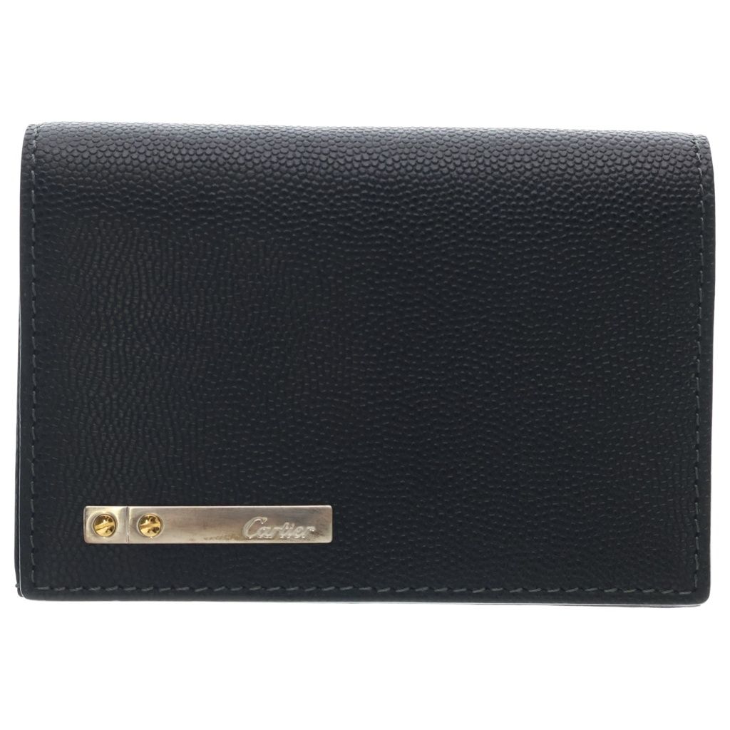 Cartier Santos de Cartier Logo Plate Bifold Card Case Black Gray Leather