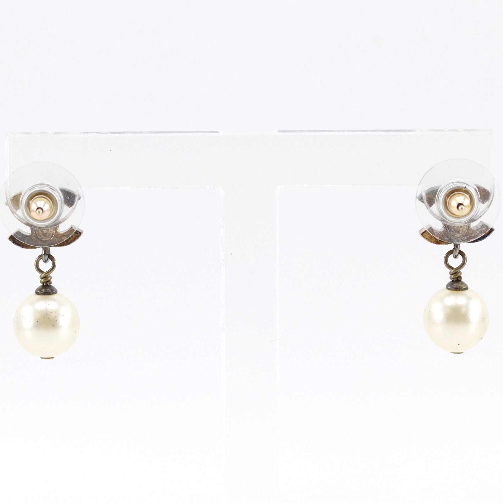 Chanel CC Logo Gold Plated Faux Pearl Black Earrings — view 3