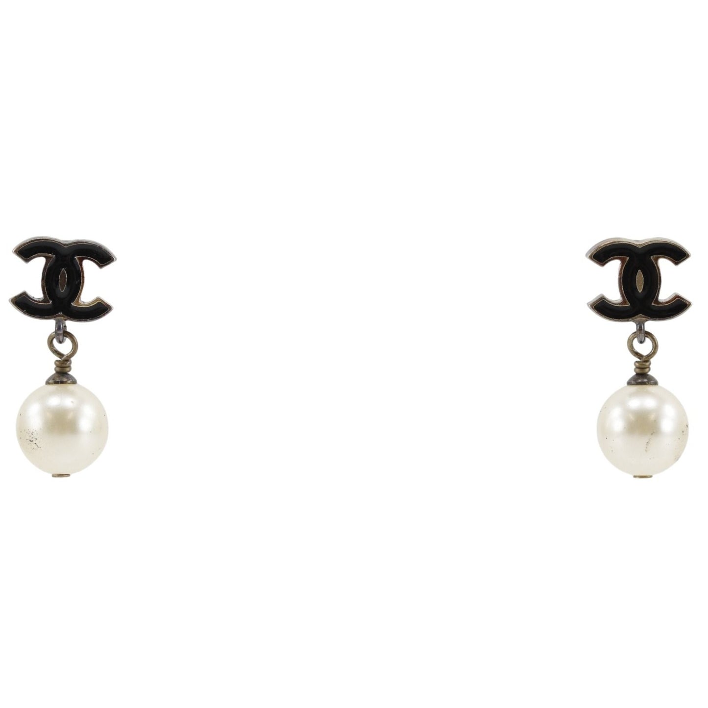 Chanel CC Logo Gold Plated Faux Pearl Black Earrings
