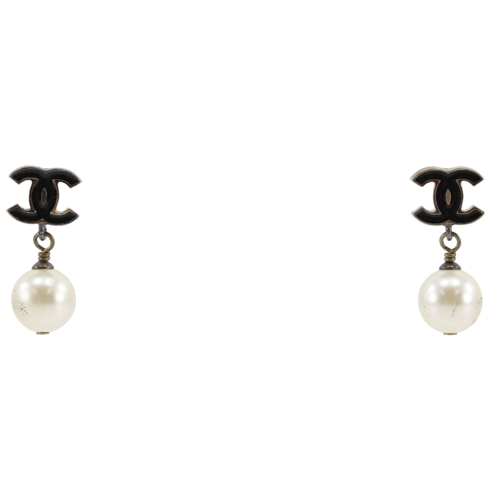 Chanel CC Logo Gold Plated Faux Pearl Black Earrings