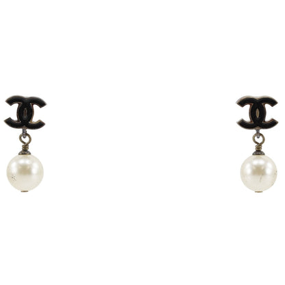 Chanel CC Logo Gold Plated Faux Pearl Black Earrings