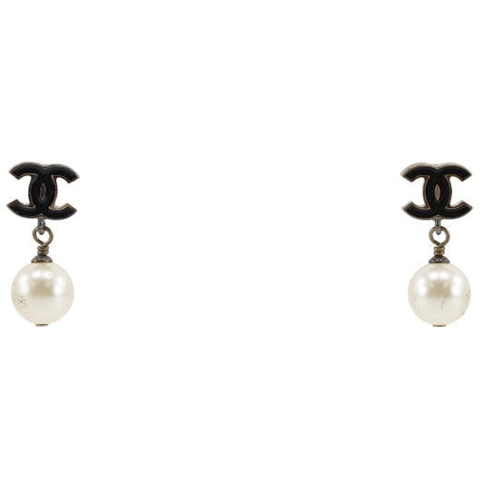 Chanel CC Logo Gold Plated Faux Pearl Black Earrings