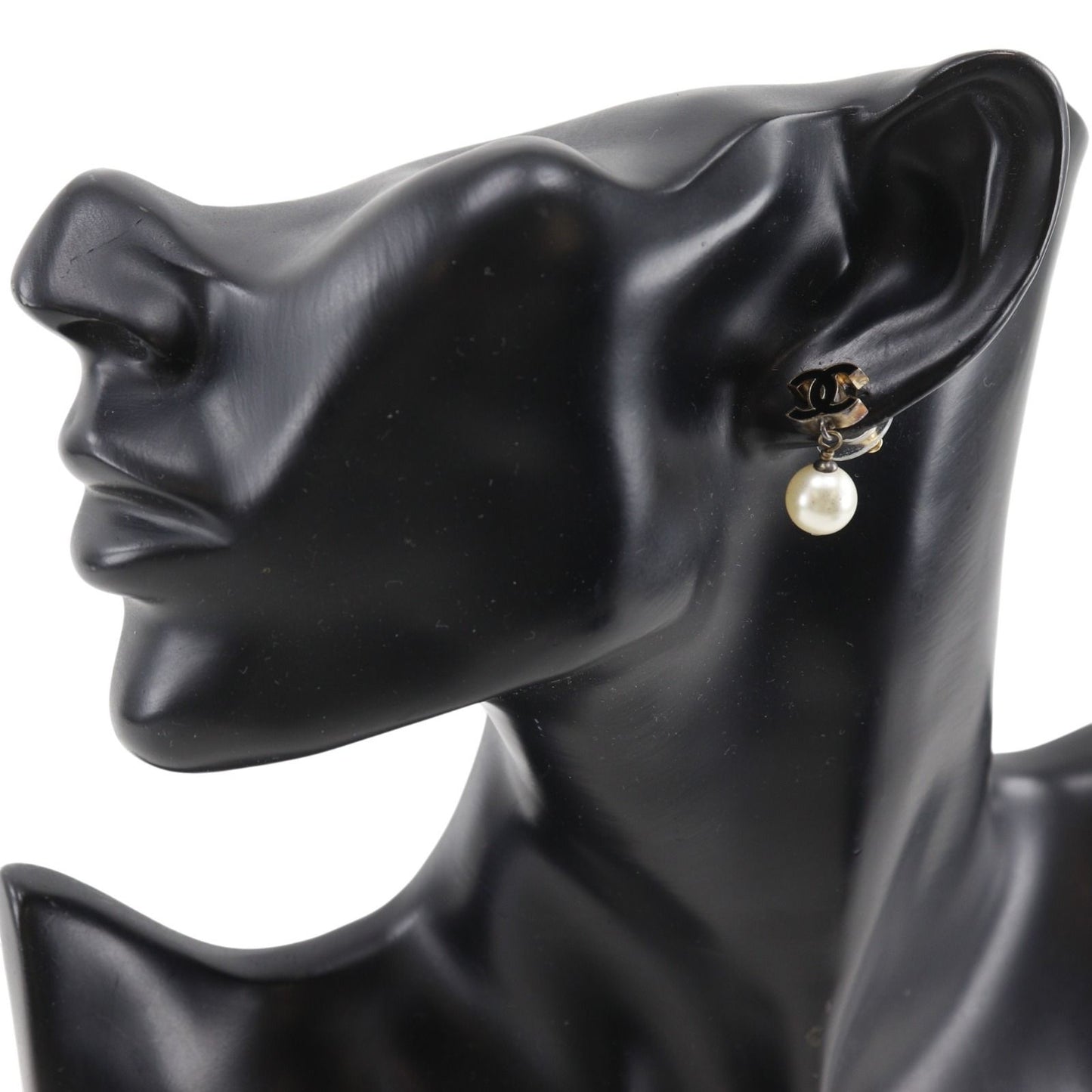 Chanel CC Logo Gold Plated Faux Pearl Black Earrings — view 2