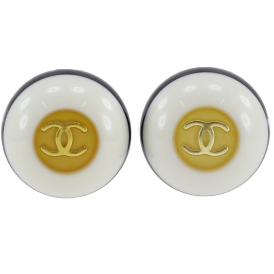 Chanel CC Logo Bicolor Vintage Plastic Gold Plated White Black Earrings