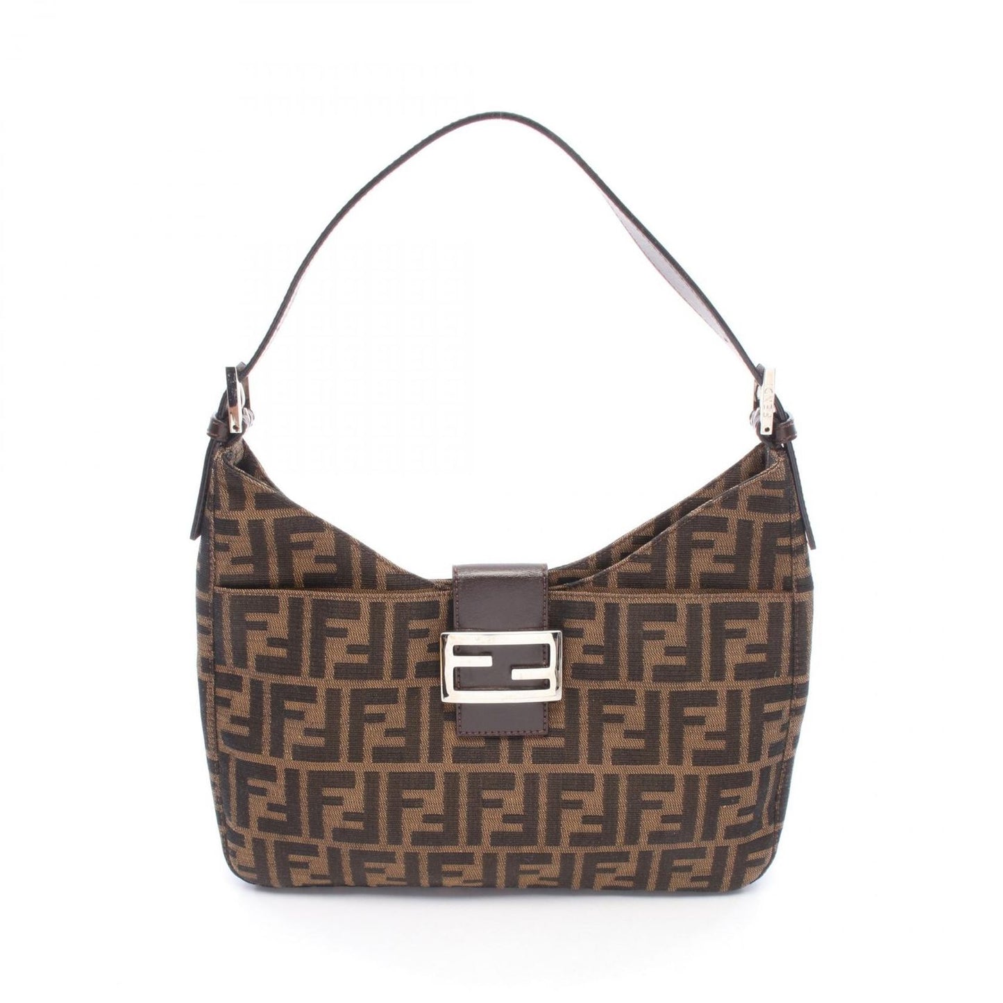 Fendi Shoulder Bag Zucca Black Brown Canvas Leather
