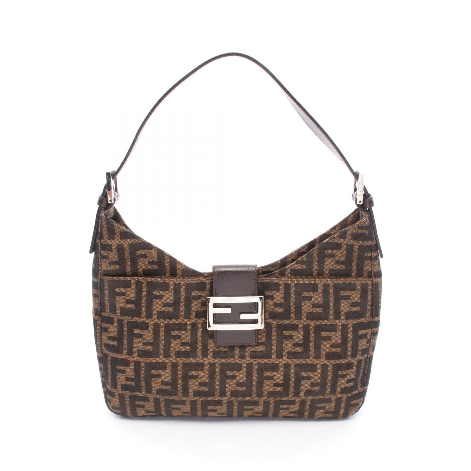 Fendi Shoulder Bag Zucca Black Brown Canvas Leather