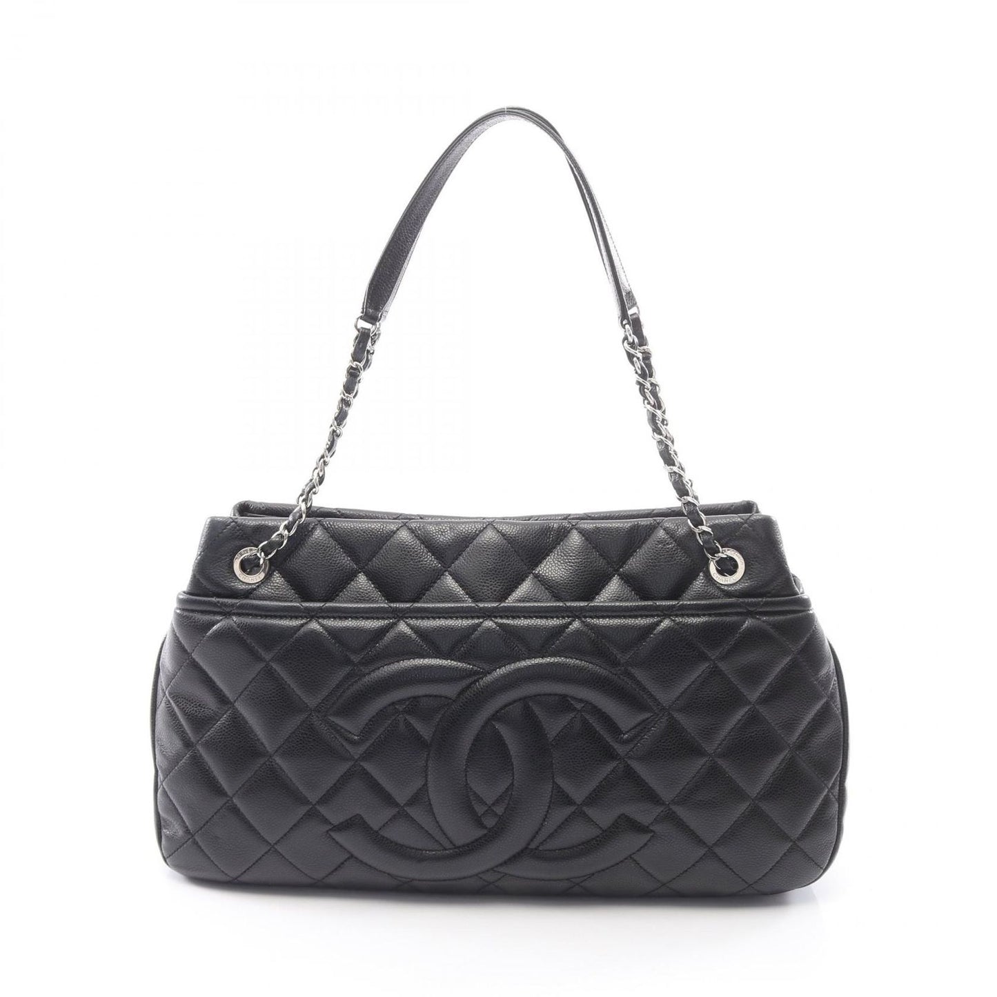 Chanel Tote Quilted Black Caviar Leather CC Logo Chain