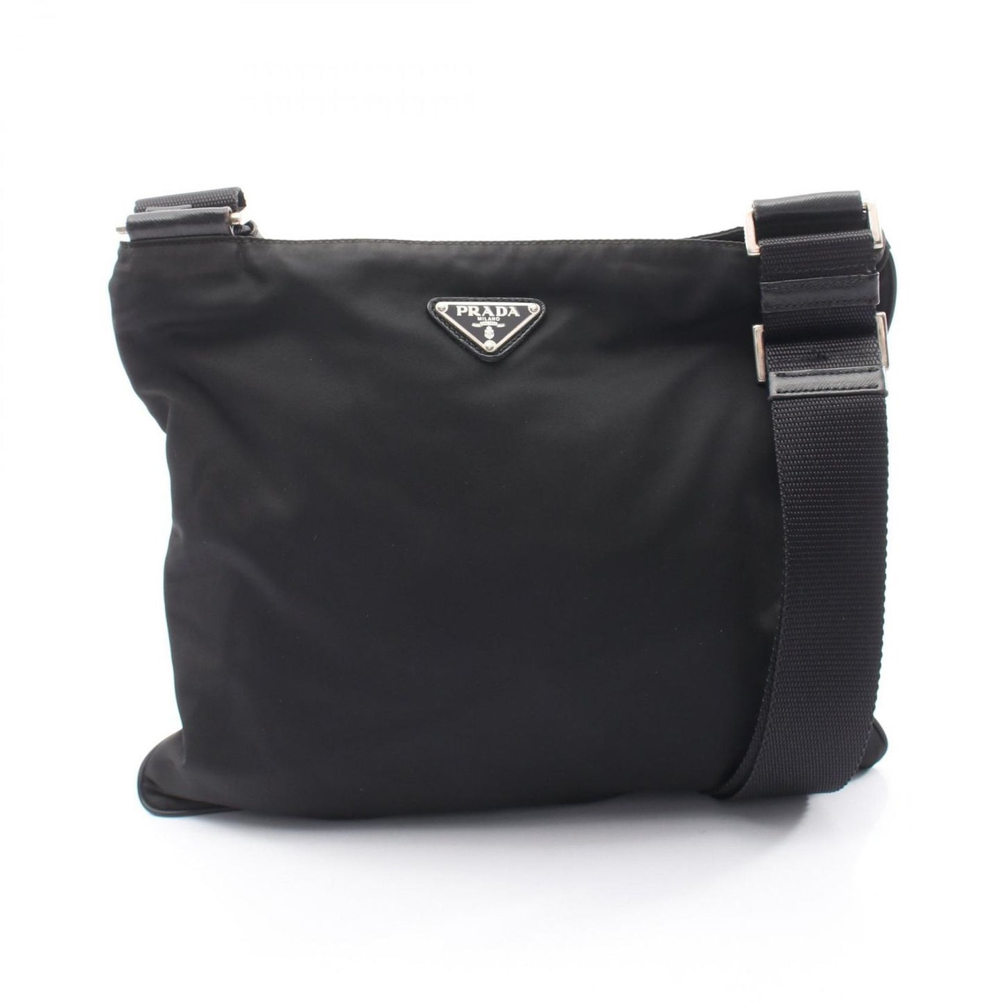 Prada Shoulder Bag Triangle Logo Black Nylon Saffiano Leather