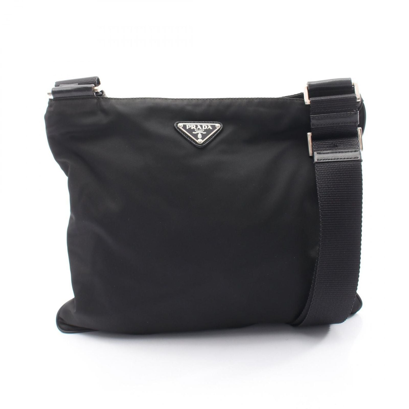 Prada Shoulder Bag Triangle Logo Black Nylon Saffiano Leather