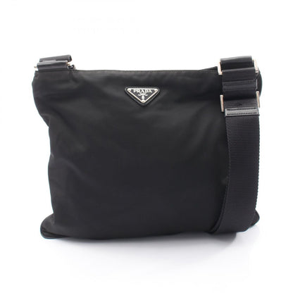 Prada Shoulder Bag Triangle Logo Black Nylon Saffiano Leather