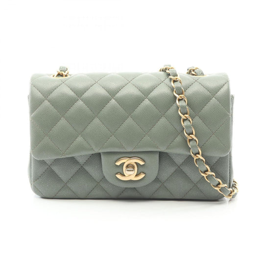 Chanel Shoulder Bag Mini Matelasse 20 Khaki Caviar Leather Chain