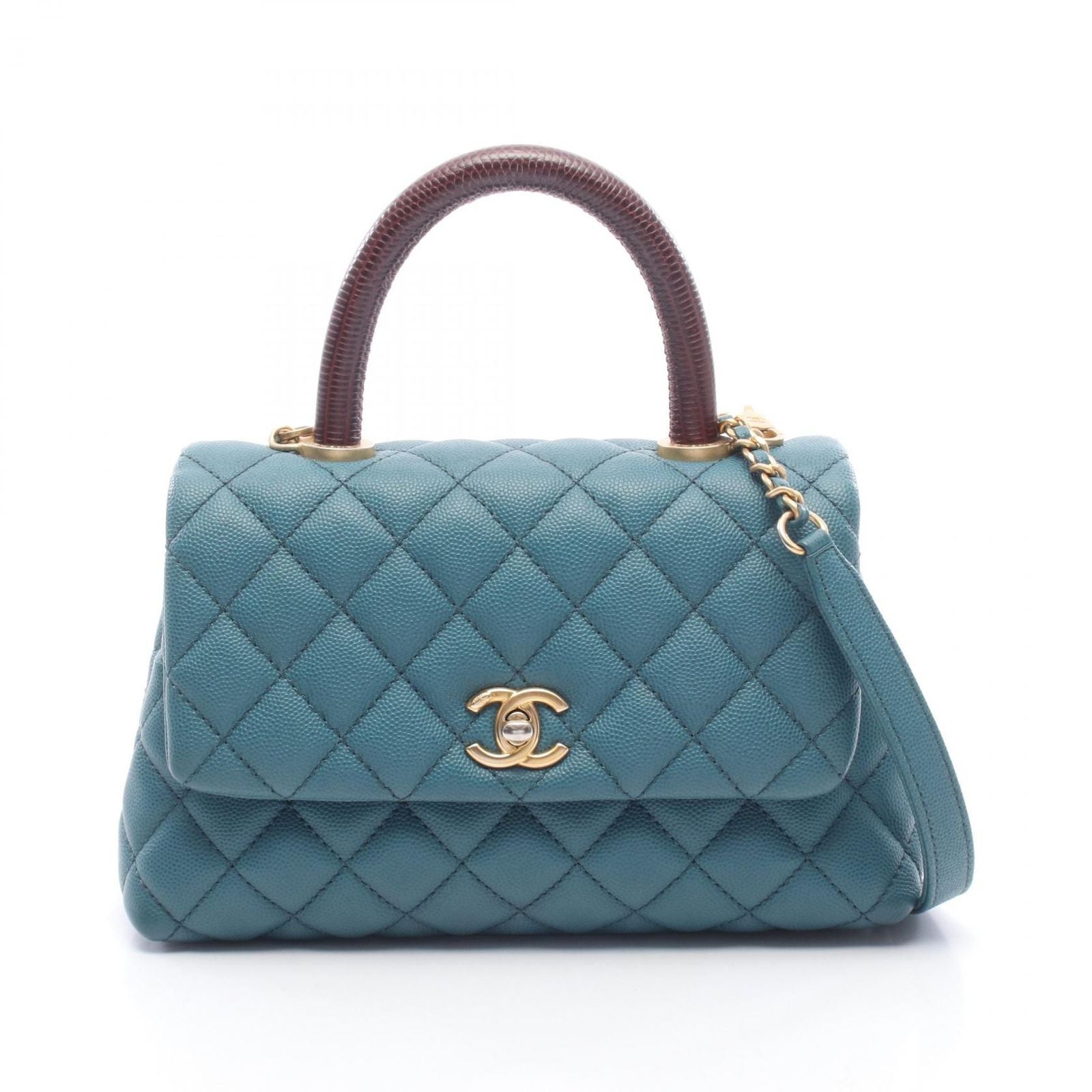 Chanel Handbag Herehandle Flap Quilted 2-Way Blue Green Caviar Leather Exoticcle