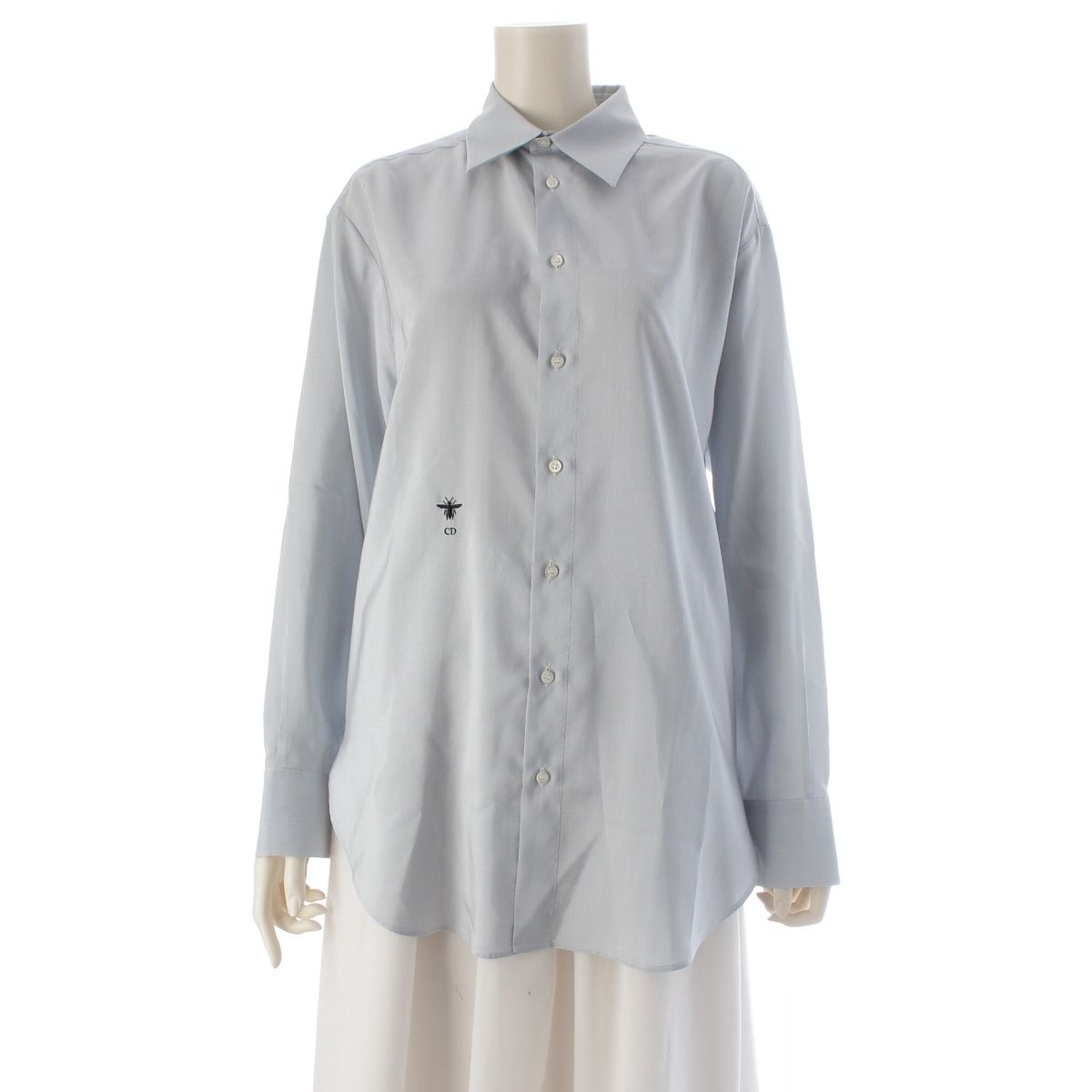 Dior Silk Bee Embroidery Shirt Blouse Top Light Blue 34